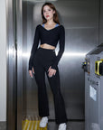 Ribbed Wrap Long-sleeve Top in Black