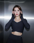 Ribbed Wrap Long-sleeve Top in Black