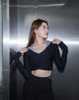 Ribbed Wrap Long-sleeve Top in Black