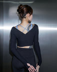 Ribbed Wrap Long-sleeve Top in Black