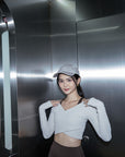 Ribbed Wrap Long-sleeve Top in Greyish Beige