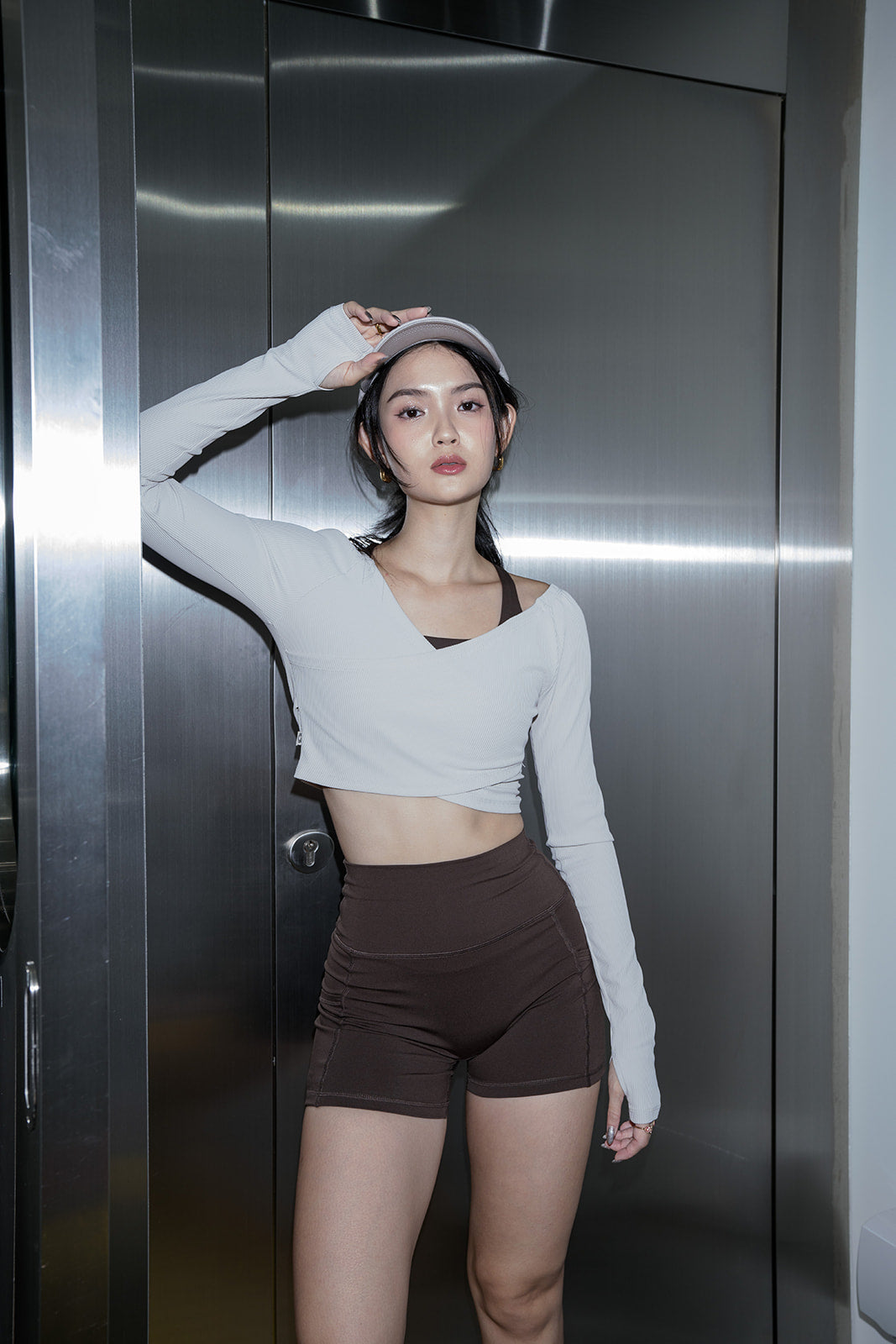 Ribbed Wrap Long-sleeve Top in Greyish Beige