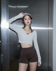 Ribbed Wrap Long-sleeve Top in Greyish Beige