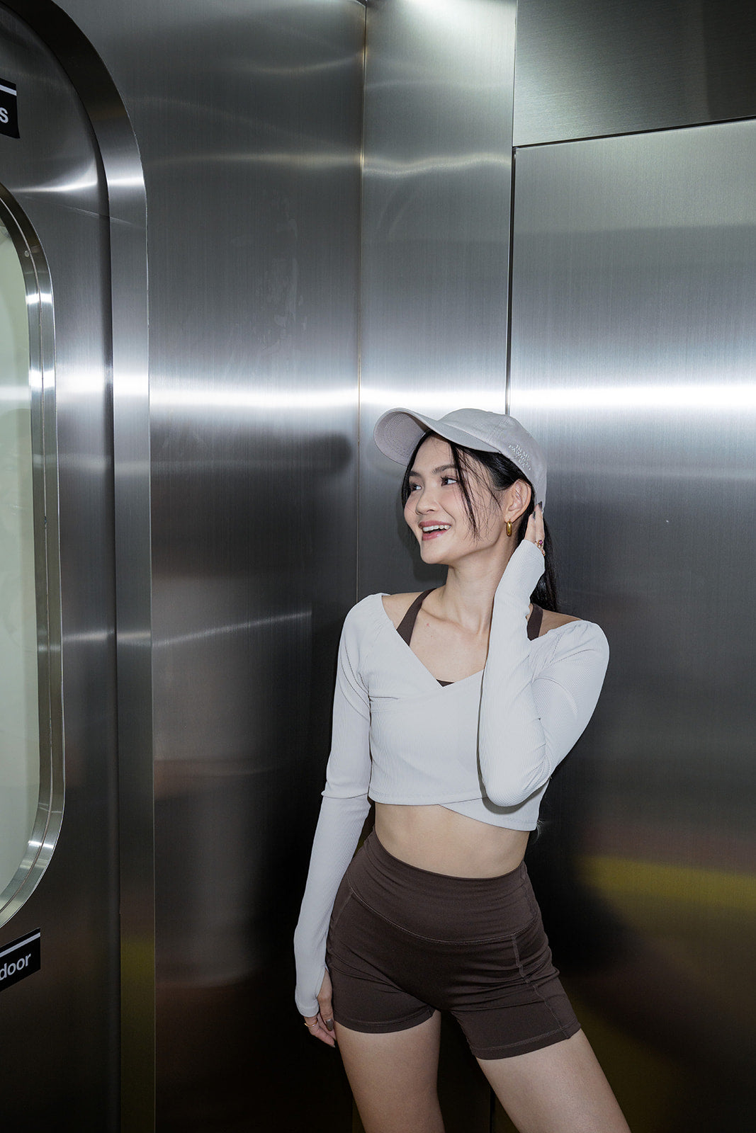 Ribbed Wrap Long-sleeve Top in Greyish Beige