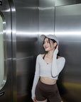 Ribbed Wrap Long-sleeve Top in Greyish Beige